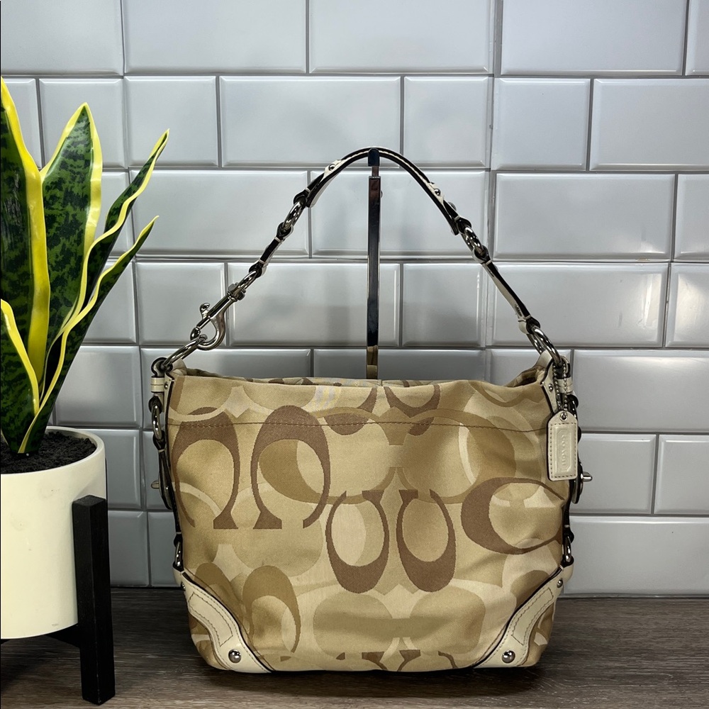 Y2K Coach Carly Beige & Brown Jacquard Shoulder Bag with Leather Trim